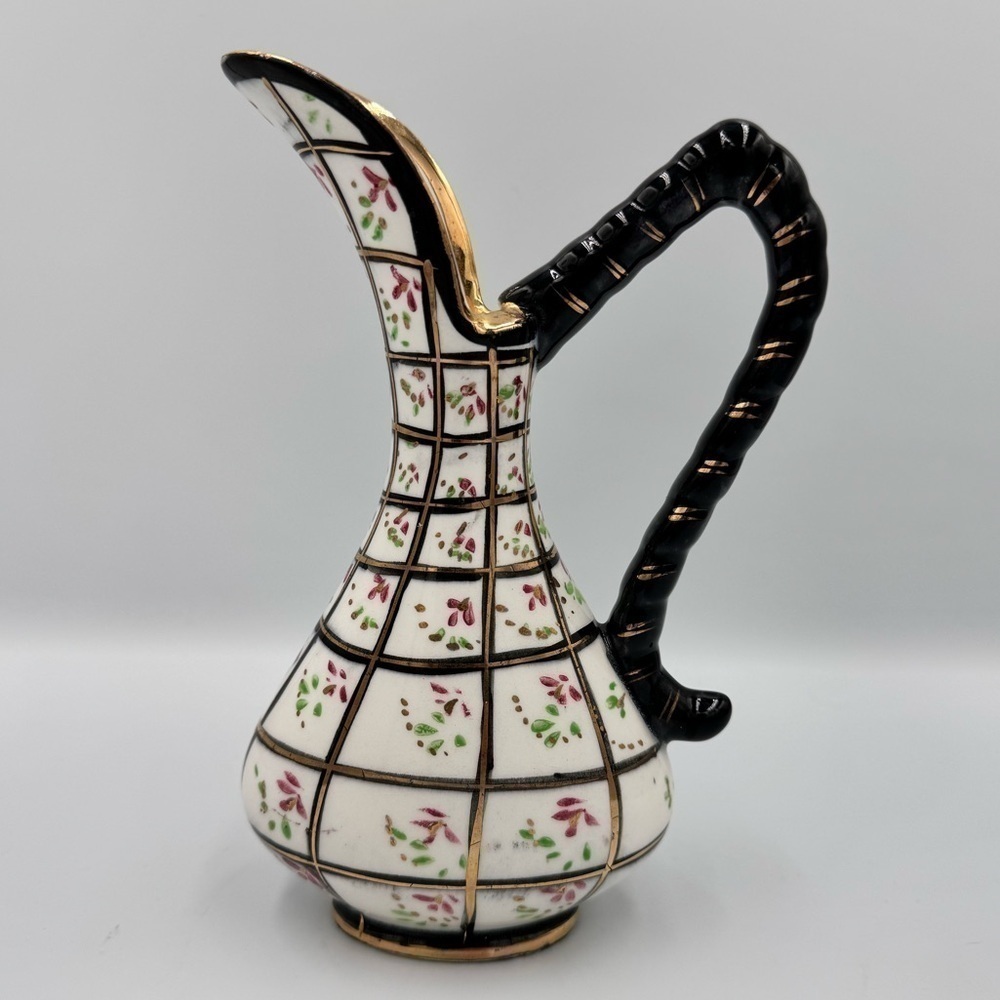 Vintage Japanese Style Hand Painted Black & White Porcelain Floral Ewer